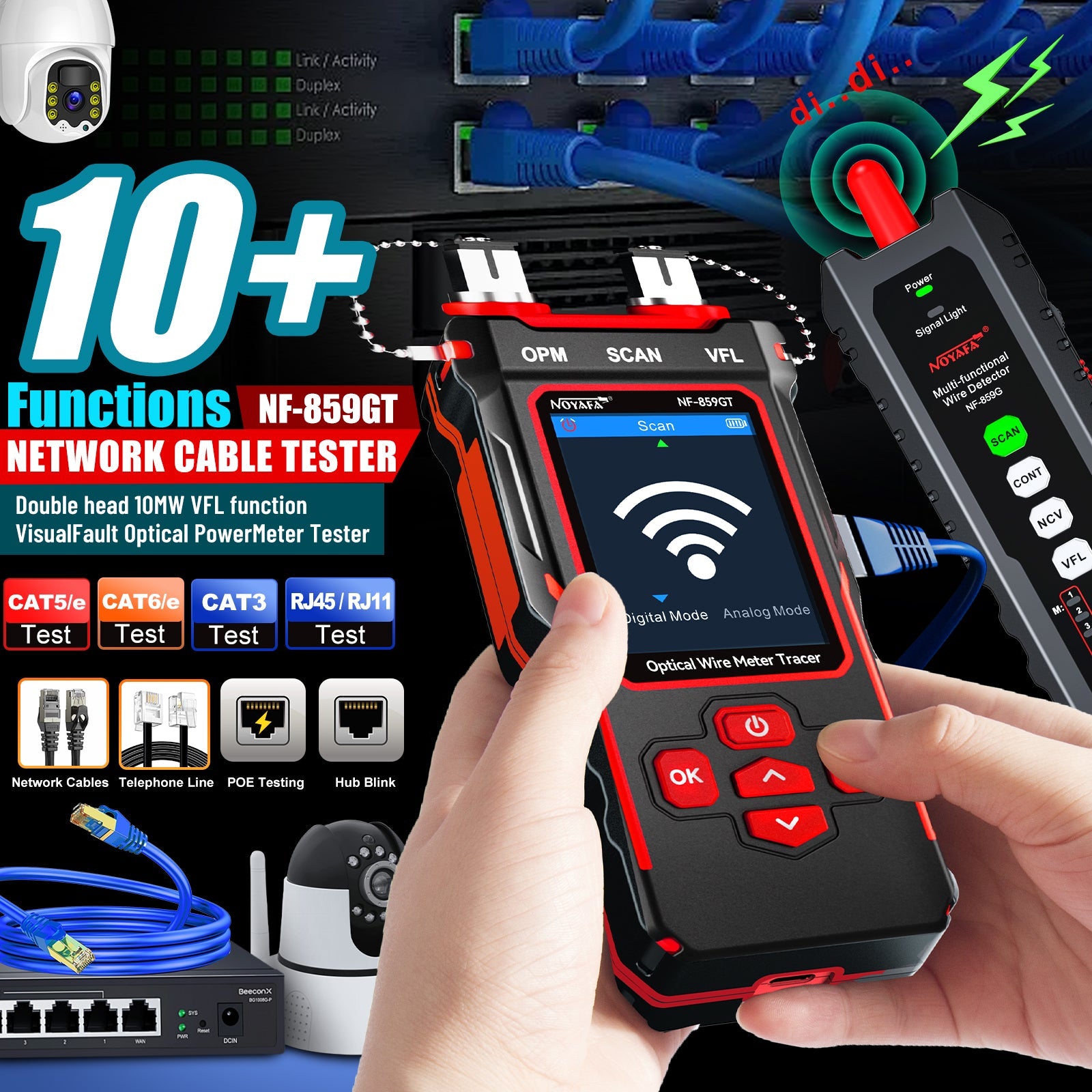 NOYAFA NF-859GT 10-in-1 Multifunction Network Cable Tester with Alignment Test, Wire Detection, Port Blinking, Cable Length Test, PoE Test, Crimping Test, OPM & VFL for Ethernet & Fiber Installation, Maintenance, Troubleshooting, and Structured Cabling