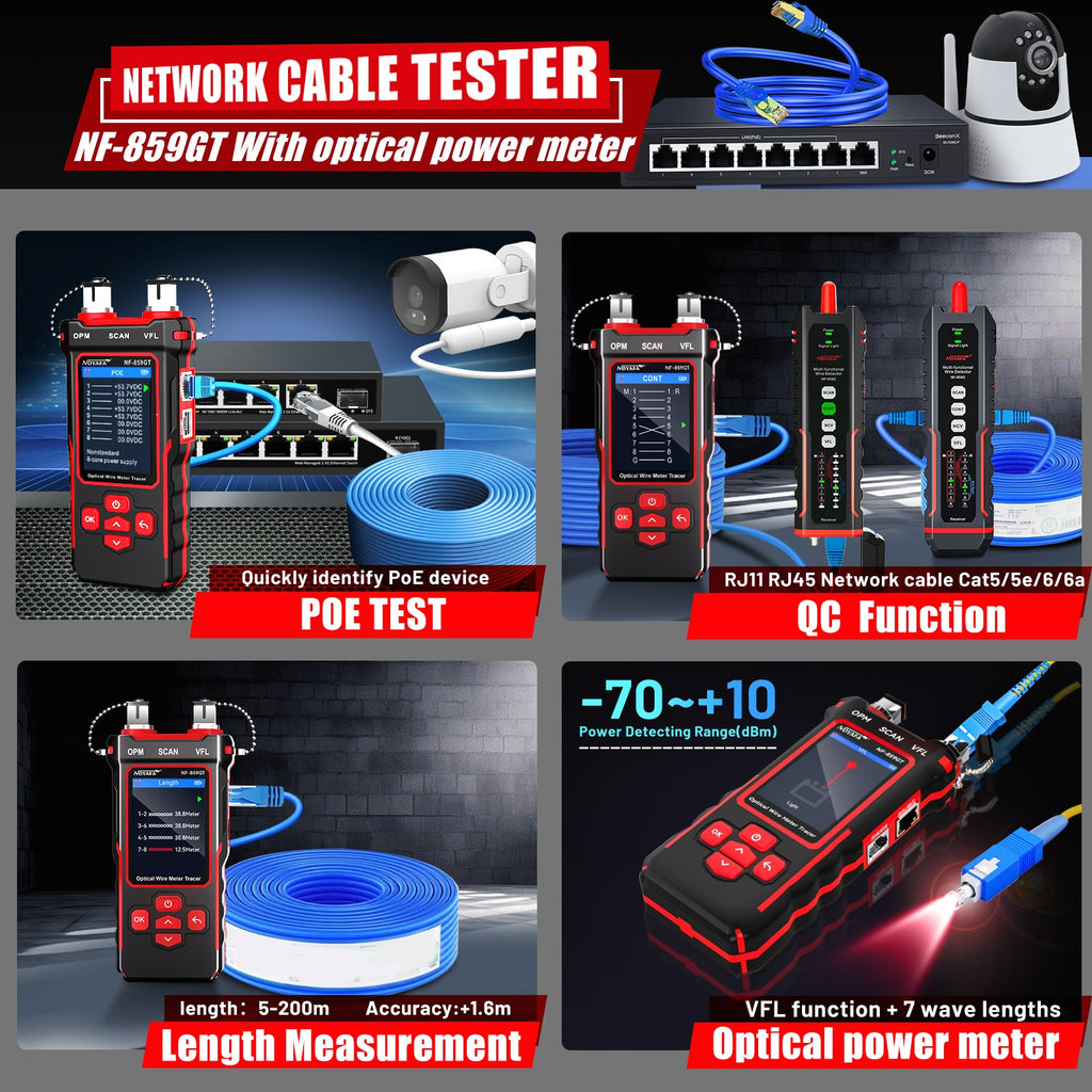NOYAFA NF-859GT 10-in-1 Multifunction Network Cable Tester with Alignment Test, Wire Detection, Port Blinking, Cable Length Test, PoE Test, Crimping Test, OPM & VFL for Ethernet & Fiber Installation, Maintenance, Troubleshooting, and Structured Cabling