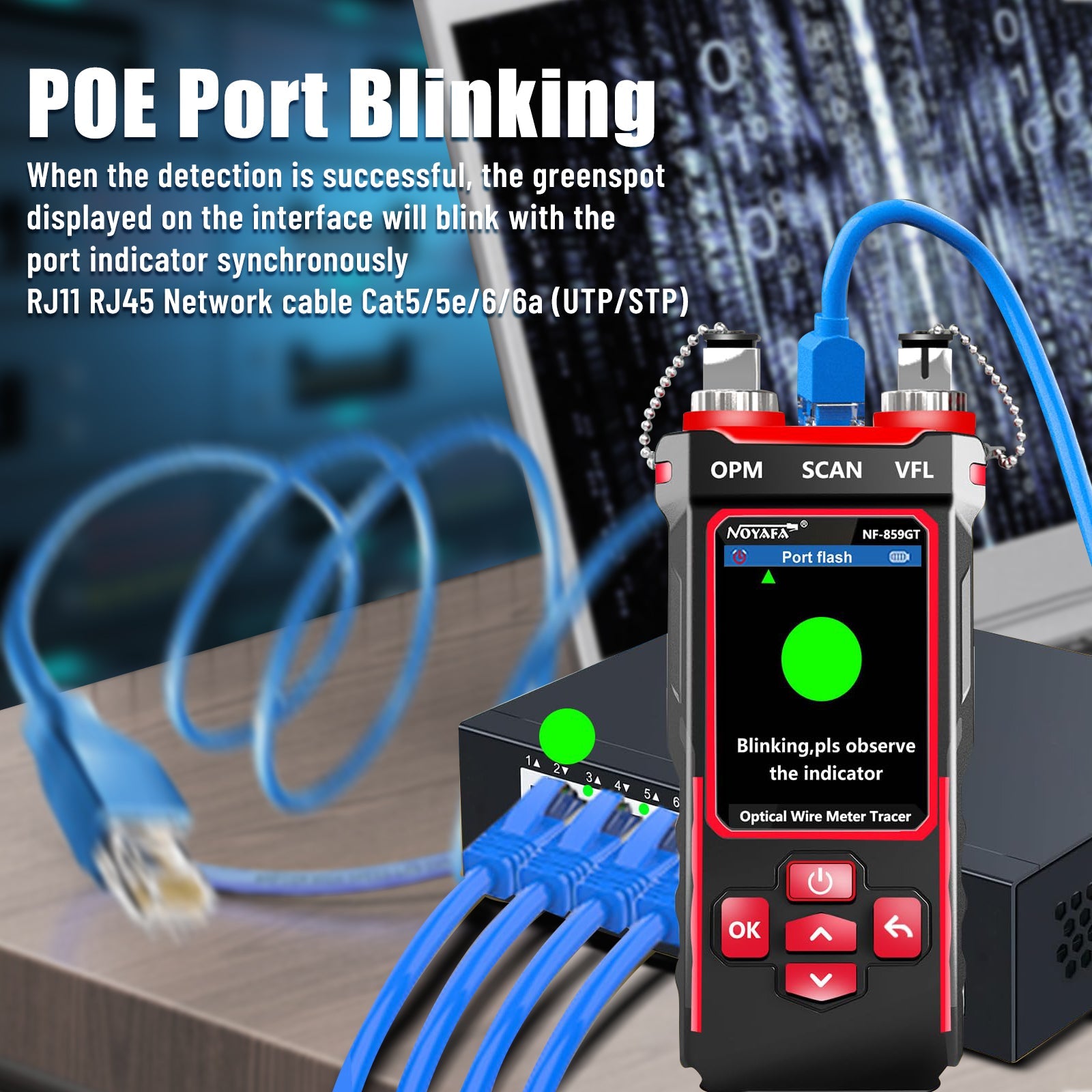 NOYAFA NF-859GT 10-in-1 Multifunction Network Cable Tester with Alignment Test, Wire Detection, Port Blinking, Cable Length Test, PoE Test, Crimping Test, OPM & VFL for Ethernet & Fiber Installation, Maintenance, Troubleshooting, and Structured Cabling