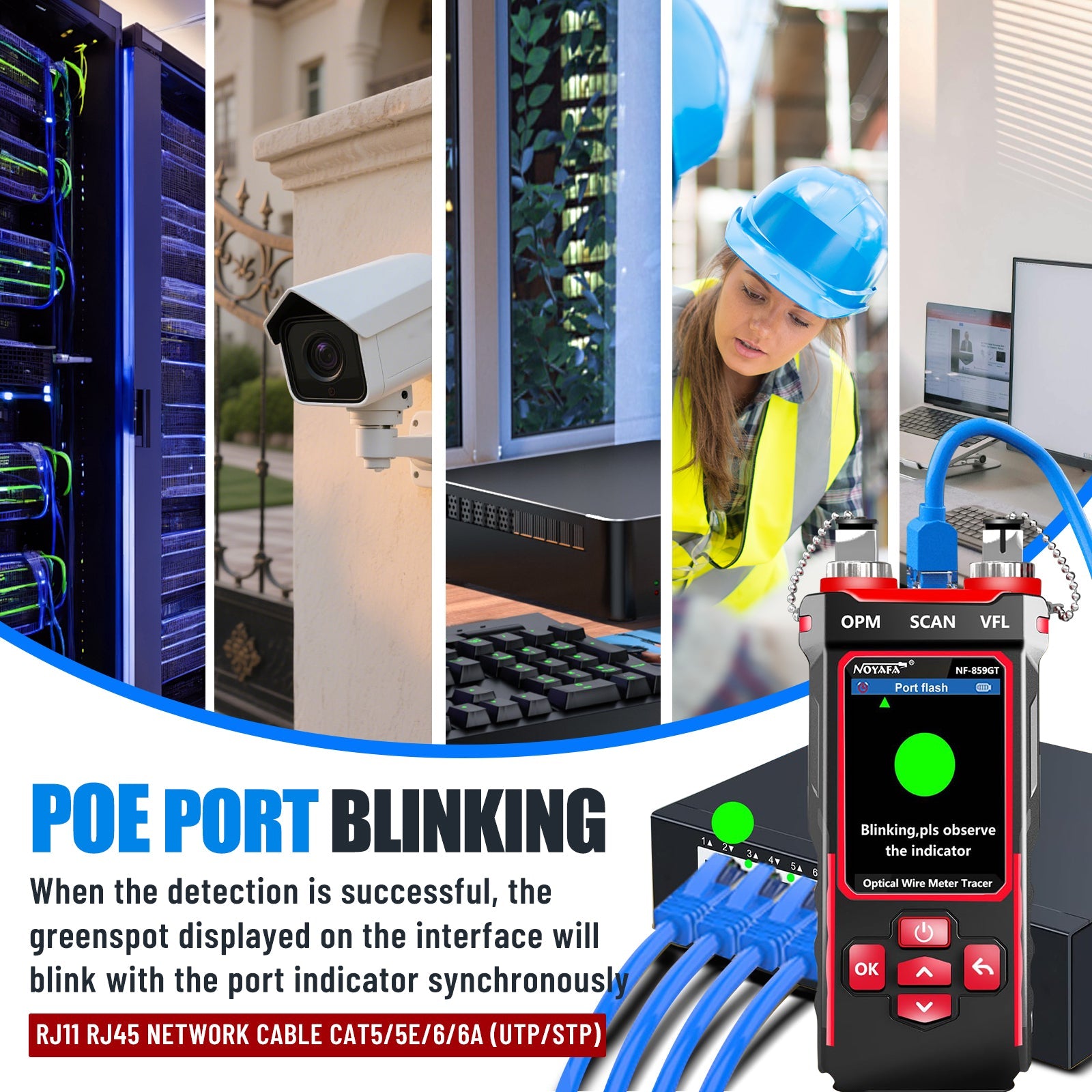 NOYAFA NF-859GT 10-in-1 Multifunction Network Cable Tester with Alignment Test, Wire Detection, Port Blinking, Cable Length Test, PoE Test, Crimping Test, OPM & VFL for Ethernet & Fiber Installation, Maintenance, Troubleshooting, and Structured Cabling