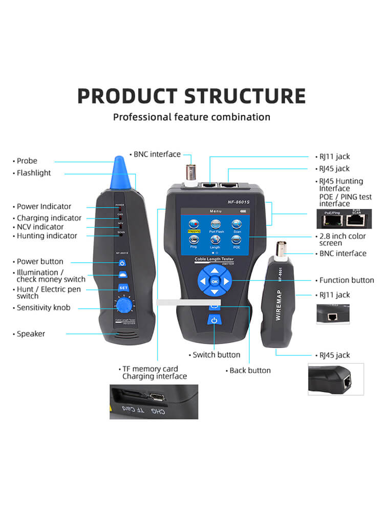 Noyafa NF-8601S TDR Cable Tracer Tester with PoE / Ping for RJ45, RJ11, BNC, Metal Cables