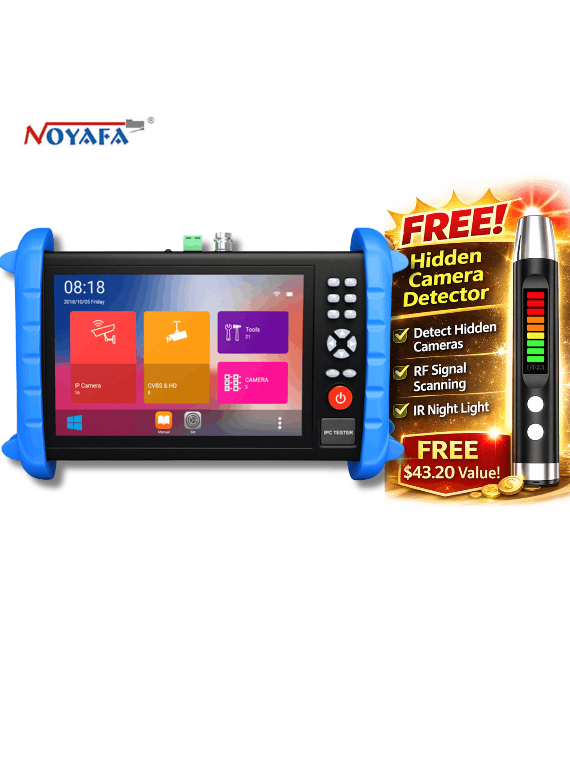Noyafa NF-IPC722 Professional CCTV Tester & Network Analyzer – 7 Touchscreen, 4K Cameras & 30+ ONVIF & CVBS Protocols Support, PoE, TDR, and OPM Tools