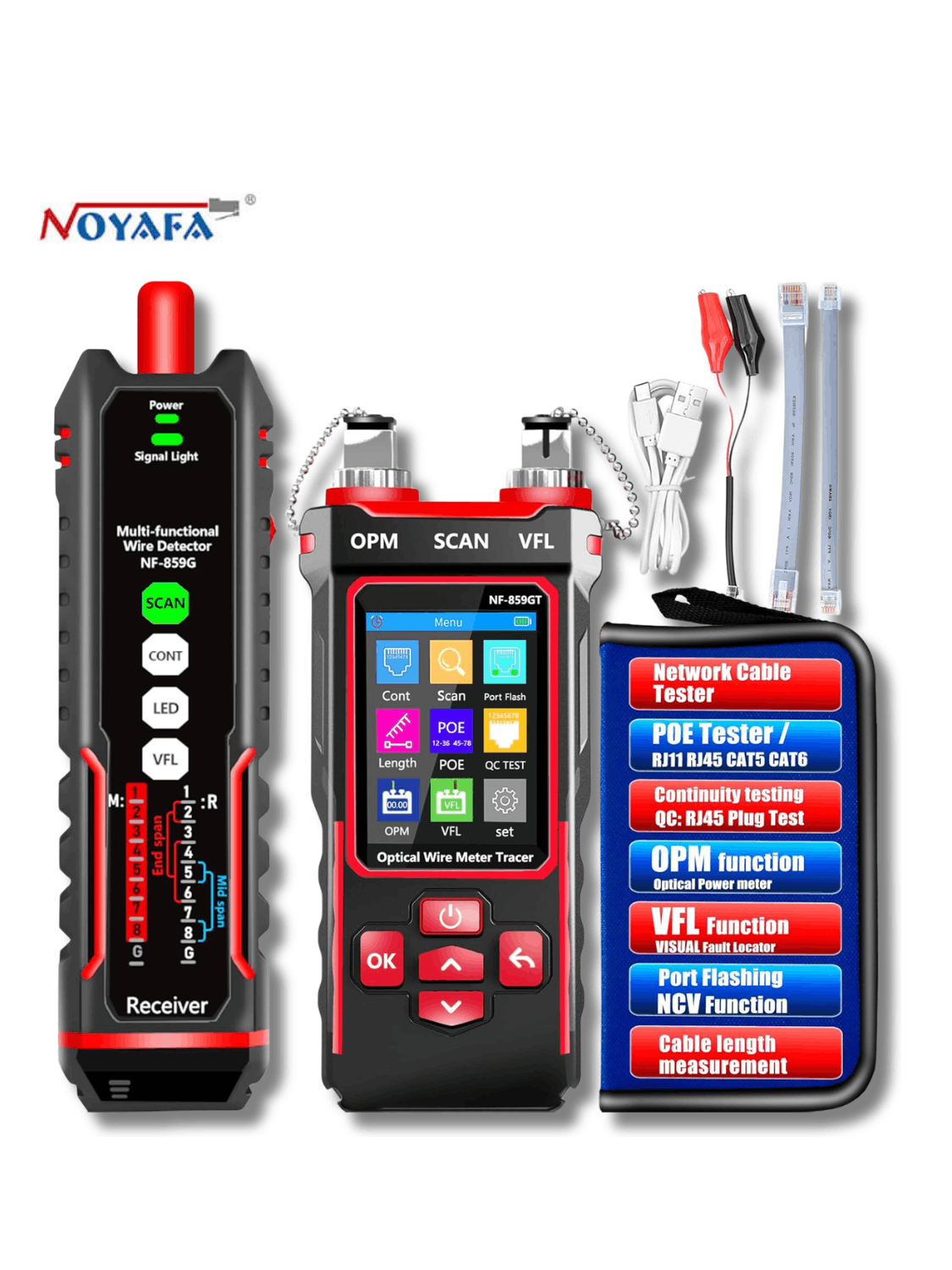 NOYAFA NF-859GT 10-in-1 Multifunction Network Cable Tester with Alignment Test, Wire Detection, Port Blinking, Cable Length Test, PoE Test, Crimping Test, OPM & VFL for Ethernet & Fiber Installation, Maintenance, Troubleshooting, and Structured Cabling